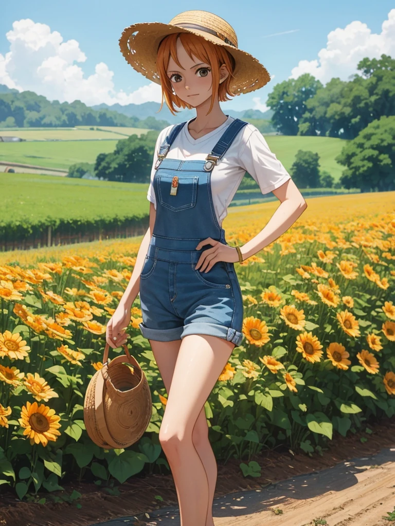 Nami from one-piece, 1women, as a farmer girl, wearing farm outfit with overalls and a straw hat, at a farm field, orange colour short hair, 8k, high detailed, high quality
