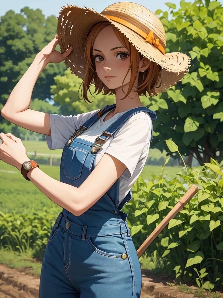 Nami from one-piece, 1women, as a farmer girl, wearing farm outfit with overalls and a straw hat, at a farm field, orange colour short hair, 8k, high detailed, high quality
