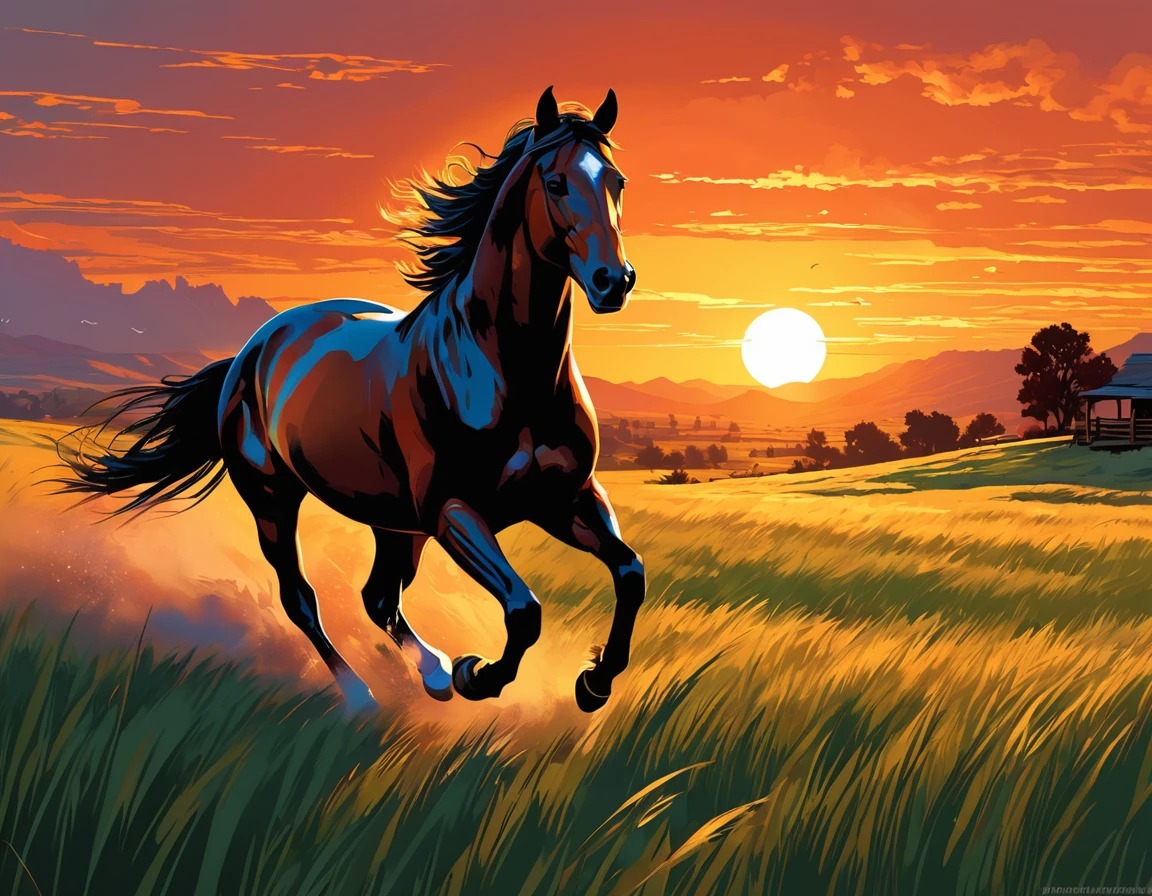 stylized, digital artwork featuring a majestic horse galloping across a field during a sunset. The sky is painted with warm hues of orange, yellow, and red, with the sun in low on the horizon. The horse is depicted in a dynamic pose, with its mane flowing behind it. Its body is muscular and well-defined, with a glossy coat that reflects the light of the setting sun. The horse's eyes are focused and intense. The field is filled with tall grass that sways in the wind, adding to the sense of motion. The grass is rendered in shades of green and brown, with some lighter areas, which could be an artistic choice to emphasize the intensity of the scene. The overall style of the artwork is reminiscent of comic book art, with bold lines and a limited color palette that enhances the dramatic effect of the scene. Art by Dechko Uzunov, highly detailed vector art, red dead redemption art style, in the sunset, dark horse comics, digital horse, martin ansin, by Evan Charlton, sunset!, by Eddie Mendoza, sunset illustration, featured art, full color digital illustration,(masterpiece), best quality