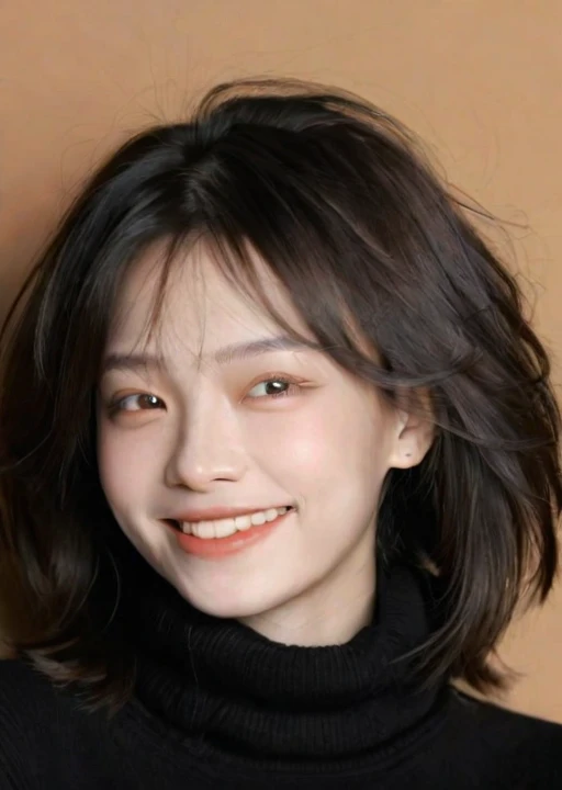 The image depicts a joyful young girl in mid-motion, her hair wildly tousled by her movements. Her eyes are squinted in a gleeful expression, exuding energy and vitality. She is wearing a solid-colored turtleneck, set against a neutral, warm brown backdrop. Dynamic lighting accentuates her facial features, with a sharp focus on the subject and a freeze-frame effect that captures the spontaneity and vibrancy of youth. Soft shadows add depth to the scene, and the expertly balanced contrast highlights the details. This image embodies youthful carefreeness and delight.