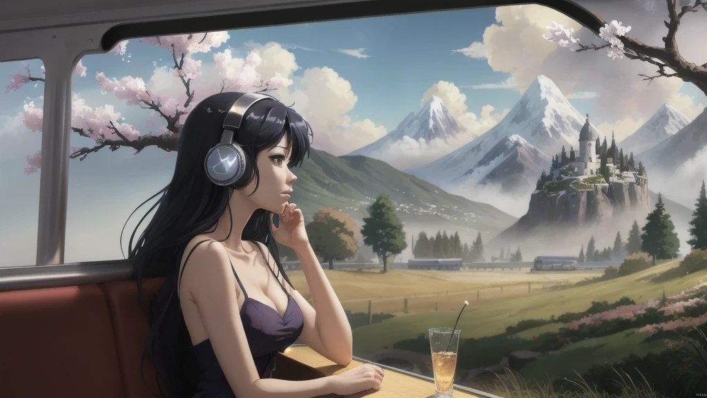 Anime girl with headphones in the train, a cherry tree in the background sam yang, 1girl, black hair, breasts, closed mouth, day, grass, headphones, lips, long hair, mountain, outdoors, profile, shadow, small breasts, solo, tree , ((masterpiece)) anime background art, amazing wallpaper, background art, hd wallpaper, relaxing concept art, beautiful wallpaper, high quality desktop wallpaper, background artwork, pc wallpaper, anime background, wallpaper hd, 8K image quality, Masterpiece
