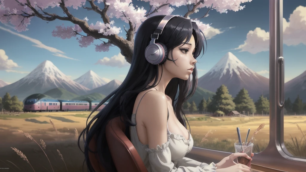Anime girl with headphones in the train, a cherry tree in the background sam yang, 1girl, black hair, breasts, closed mouth, day, grass, headphones, lips, long hair, mountain, outdoors, profile, shadow, small breasts, solo, tree , ((masterpiece)) anime background art, amazing wallpaper, background art, hd wallpaper, relaxing concept art, beautiful wallpaper, high quality desktop wallpaper, background artwork, pc wallpaper, anime background, wallpaper hd, 8K image quality, Masterpiece