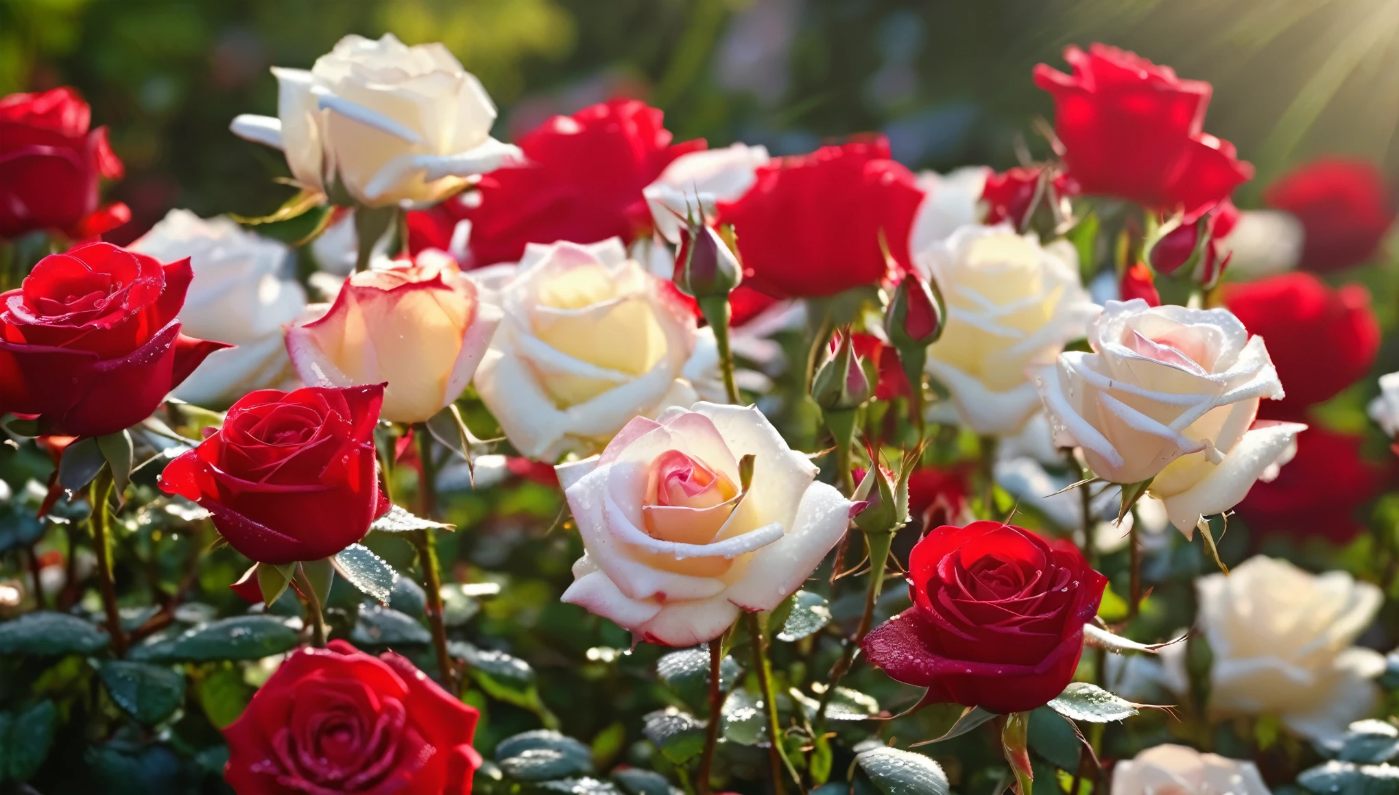 Many red and white color rose flowers in the garden and sunlight with bokeh, dew drops on flower petalasterpiece, ultra quality, high resolution, 8k, intricate: 1.2), (masterpiece), (best quality:1)