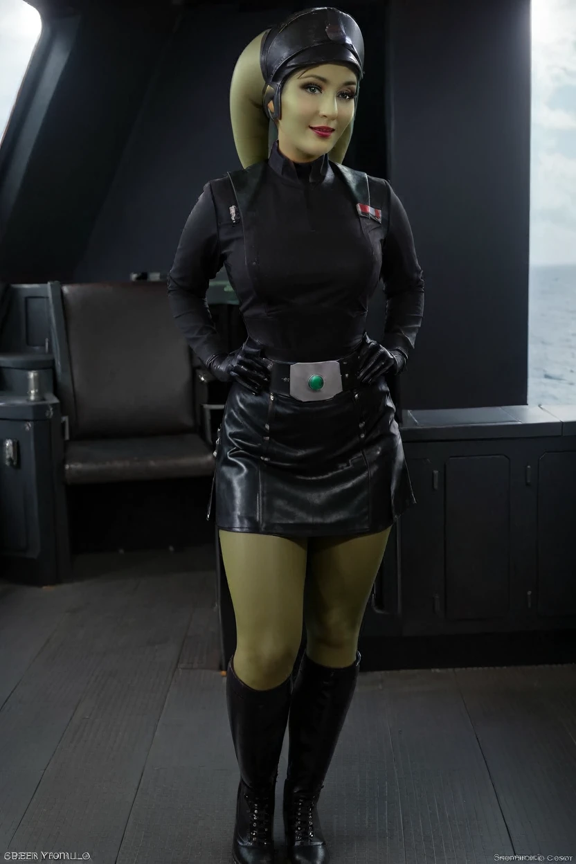cinematic film still hera syndulla, (green skin:1.2), grin at canal, full body imperail officer wearing a black uniform with a skirt, standing in a dark interior, highly detailed, high budget Hollywood movie
