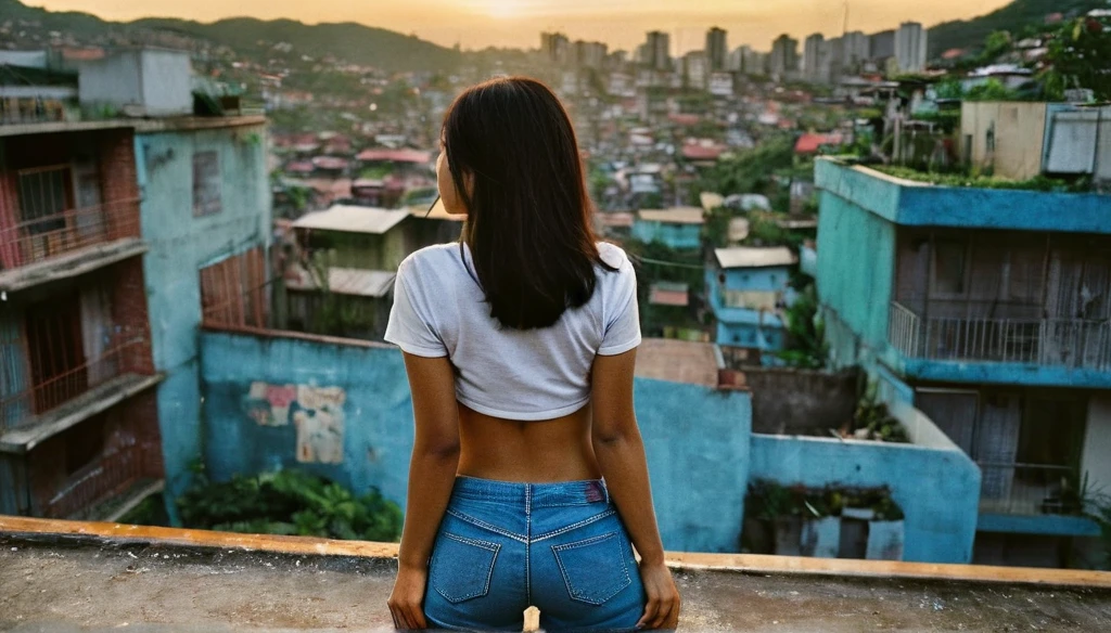 Wide lens, Centered, extreme high angle photo taken from her back, a realistic photo of a young asian woman with oversized t shirt and denim pants, perfect ass, looking back to the camera, stands on rooftop in Brazilian favela, shot with kodak portra 160 film, cinematic, silhouette lighting and lighting from the houses below, vintage color grading, sunset, dark