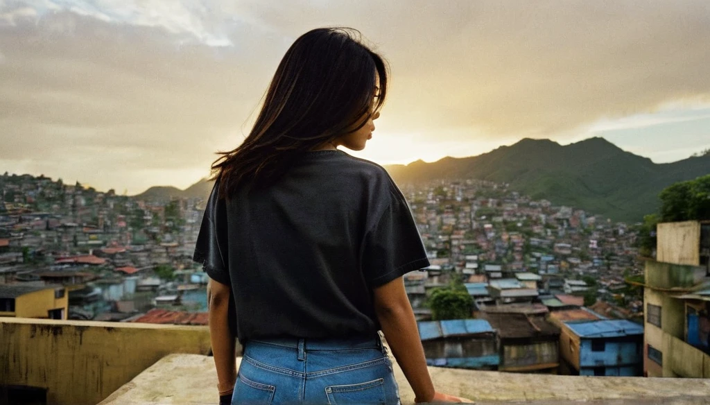 Wide lens, Centered, extreme high angle photo taken from her back, a realistic photo of a young asian woman with oversized t shirt and denim pants, perfect ass, looking back to the camera, stands on rooftop in Brazilian favela, shot with kodak portra 160 film, cinematic, silhouette lighting and lighting from the houses below, vintage color grading, sunset, dark