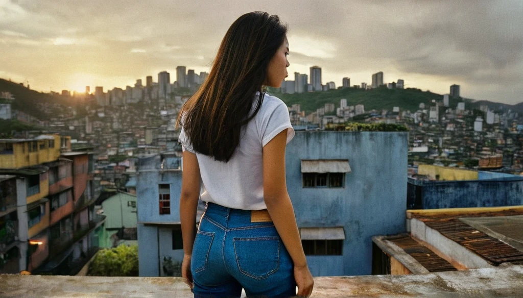 Wide lens, Centered, extreme high angle photo taken from her back, a realistic photo of a young asian woman with oversized t shirt and denim pants, perfect ass, looking back to the camera, stands on rooftop in Brazilian favela, shot with kodak portra 160 film, cinematic, silhouette lighting and lighting from the houses below, vintage color grading, sunset, dark