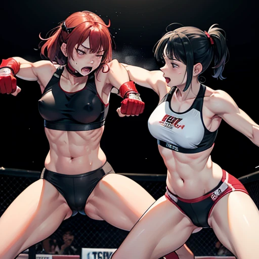 Covered in blood. Slender body. Small breasts. Intense violence. Her opponent's fists are digging into her body. They glare at each other. Her face distorted by the opponent's punch. Dynamic action. She is in pain. her bod is slammed to the floor and beaten violently. She is wearing a sports bra and high-leg panties. Her opponent tries to kill her with a powerful punch. The two are exhausted. Two young and beautiful Japanese mixed martial artists are fighting inside the octagon. They are both pounding their fists into their opponents' bodies. Their mouths are open, drooling, one eye closed, and they are gasping for air. They are sweating profusely. Short-cut black hair. Open-fingered gloves. Erect nipples.