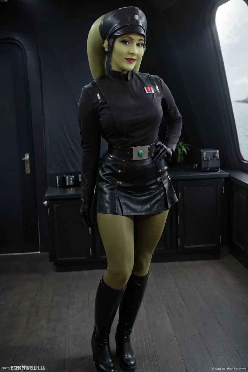 cinematic film still hera syndulla, (green skin:1.2), grin at canal, full body imperail officer wearing a black uniform with a skirt, standing in a dark interior, highly detailed, high budget Hollywood movie

