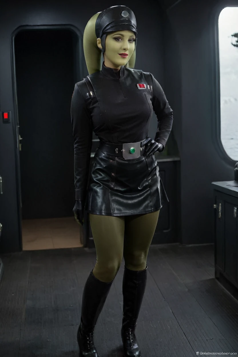 cinematic film still hera syndulla, (green skin:1.2), grin at canal, full body imperail officer wearing a black uniform with a skirt, standing in a dark interior, highly detailed, high budget Hollywood movie