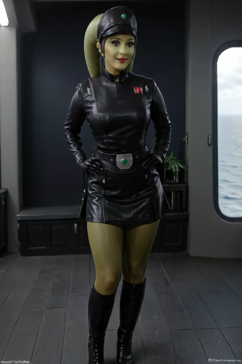 cinematic film still hera syndulla, (green skin:1.2), grin at canal, full body imperail officer wearing a black uniform with a skirt, standing in a dark interior, highly detailed, high budget Hollywood movie