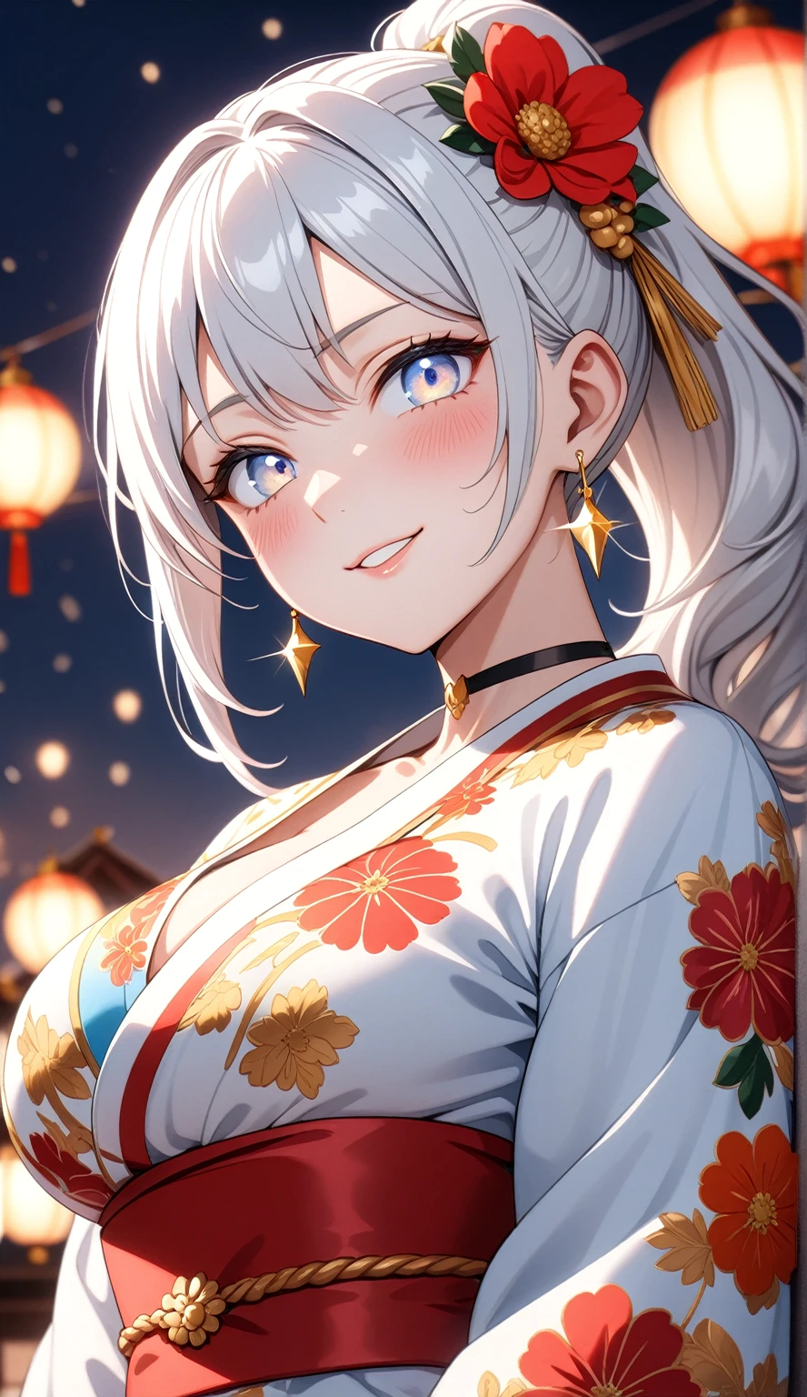 ((one personの女性)), Beautiful Face, ((looking side:2.0),Laughing embarrassedly,((wink:1.8)),Laugh with your mouth wide open((Bright red cheeks:1.4)),Shiny red lips,night,rooftop,Festive decorations,You can see the ocean, firework,Laughing with your mouth open,Glossy pink lips,Lighting on the face,((Anime style background)),masterpiece, Highest quality, so beautiful,Latest, complex details, (Pink long nails),(ring),(bracelet),(choker),AI-generated, complex,High resolution, Highest quality, super high quality,3D Images、3D Images,one person,Long white hair,High Ponytail,(blue eyes),Anime woman posing for a photo, ((Fine grain、Silvery white colorful eyes、Shining Eyes:1.4)),(Squint your eyes:1.1),a hyperRealistic , hyperRealistic , Realistic,Anime woman with long and white hair, Smooth anime CG art, A woman in a colorful kimono with gold embroidery, (Black long sleeve kimono),Red floral pattern,Long flower hair ornament,Big earrings,Mature Body,(Big Breasts:1.1),Tall,Abdominal muscles,Narrow waist,(Zoom in on face:1.7),Shooting from below at an angle
