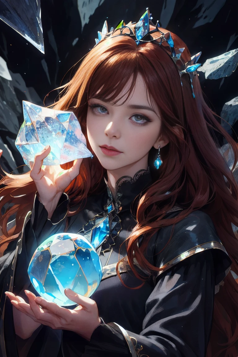 upper body, (absurdres, highres, ultra detailed), 1woman, mature female, aged up, wavy long hair, auburn hair, coral eyes, bangs, long sleeves, finely detailed eyes and detailed face, extremely detailed CG unity 8k wallpaper, intricate details, (style-swirlmagic:1.0), looking at viewer, solo, upper body, detailed background, close up, detailed face, (gothic dark ages theme:1.1), crystal sorcerer, dynamic pose, earth themed clothes, crystal crown, floating in the air, glowing magical shards, surrounded by blue magical crystals, rock formations, stalactites, magical floating particles, crystal glass, crystal sphere, crystal canyon background, (shallow water:0.7), epic ethereal atmosphere, updraft,, portrait