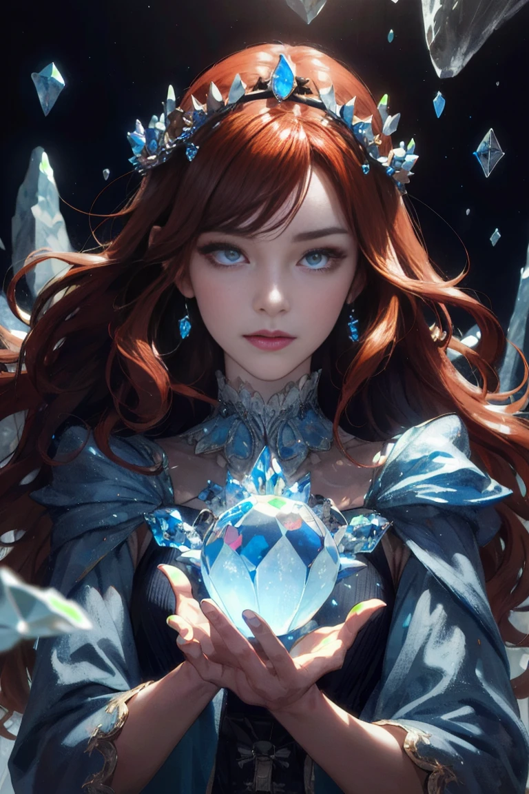 upper body, (absurdres, highres, ultra detailed), 1woman, mature female, aged up, wavy long hair, auburn hair, coral eyes, bangs, long sleeves, finely detailed eyes and detailed face, extremely detailed CG unity 8k wallpaper, intricate details, (style-swirlmagic:1.0),  looking at viewer, solo, upper body, detailed background, close up,  detailed face, (gothic dark ages theme:1.1), crystal sorcerer,  dynamic pose, earth themed clothes, crystal crown,  floating in the air, glowing magical shards, surrounded by blue magical crystals,  rock formations, stalactites,  magical floating particles, crystal glass,  crystal sphere, crystal canyon background, (shallow water:0.7),  epic ethereal atmosphere,   updraft,, portrait