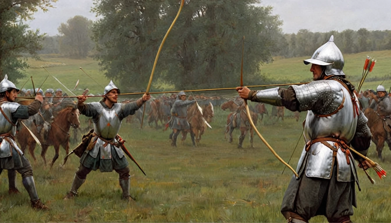 14th century, an English longbowman, details of clothing and longbow. The archer stands on a battlefield, dressed in chain mail over a padded gambeson and an iron helmet. He wears a leather gorget to protect his neck and a cloth hood under his helmet. His long yew bow, tall and elegant, is drawn and ready to shoot. On his back hangs a quiver full of white-feathered arrows. His hands, calloused from constant use of the bow, hold an arrow firmly. The setting suggests a battlefield, with fellow archers and knights in the distance. The details of their clothing and equipment are meticulously rendered, reflecting historical authenticity., Hyperrealism, UHD, retina, masterpiece, accurate, anatomically correct, textured skin, super detail, award winning, 8k