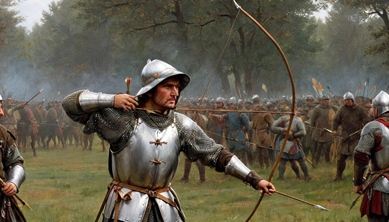 14th century, an English longbowman, details of clothing and longbow. The archer stands on a battlefield, dressed in chain mail over a padded gambeson and an iron helmet. He wears a leather gorget to protect his neck and a cloth hood under his helmet. His long yew bow, tall and elegant, is drawn and ready to shoot. On his back hangs a quiver full of white-feathered arrows. His hands, calloused from constant use of the bow, hold an arrow firmly. The setting suggests a battlefield, with fellow archers and knights in the distance. The details of their clothing and equipment are meticulously rendered, reflecting historical authenticity., Hyperrealism, UHD, retina, masterpiece, accurate, anatomically correct, textured skin, super detail, award winning, 8k
