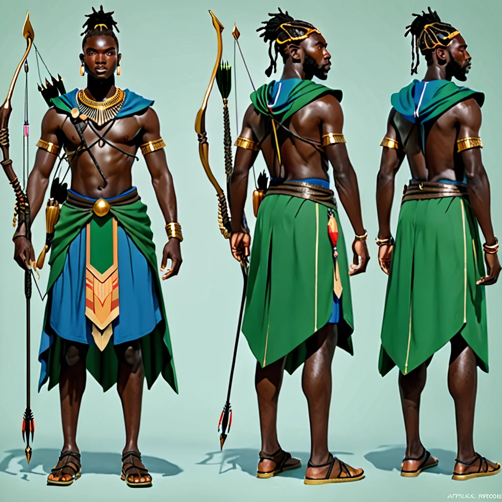 character reference sheet {Realistic character design sheet of atwo black men in African warrior clothes holding sword and bow and arrow, blue clothes, green clothes, African gods of hunting, multiple views including front, side, back and 3/4, afrofuturism, ultra quality, higly detailed, african god of hunt