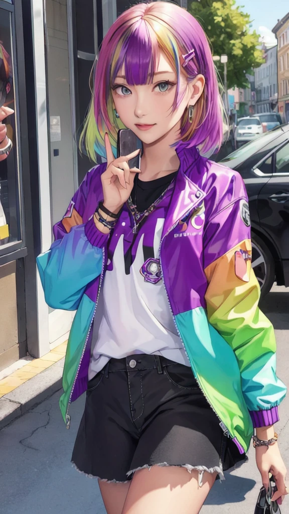 1girl jacket ,phone,multicolored hair,hairclip,bracelet,(masterpiece, high quality:1.2)