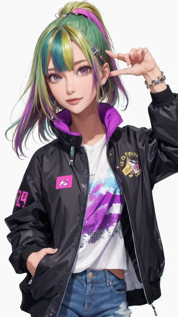 1girl jacket ,phone,multicolored hair,hairclip,bracelet,(masterpiece, high quality:1.2)