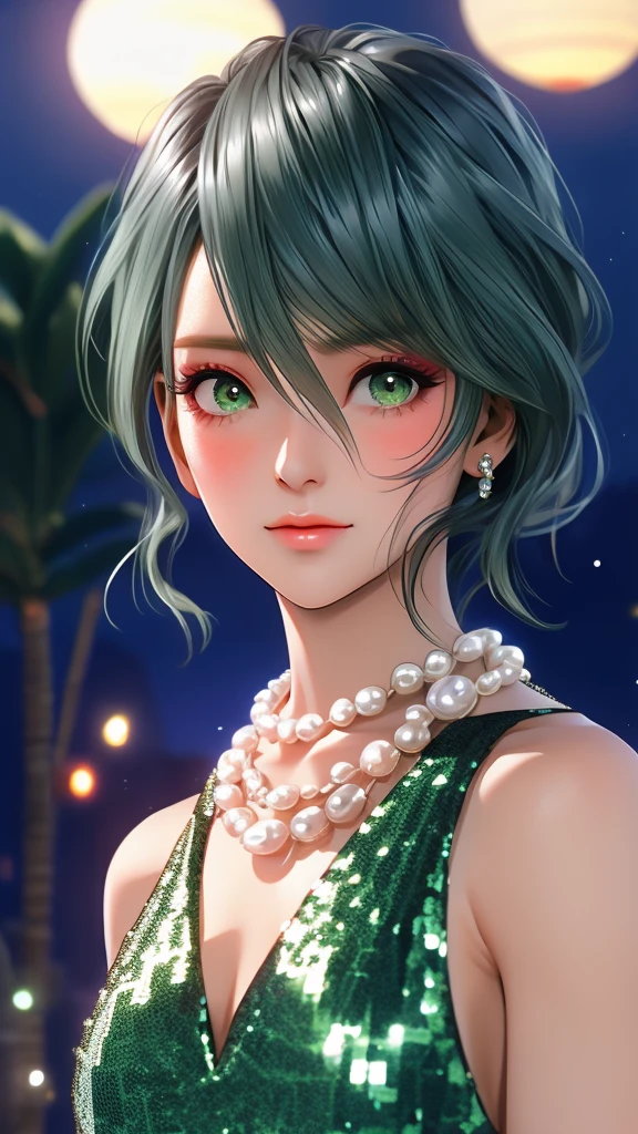 1woman, tamaki, green short hair, green eyes, hair between eyes, detailed eyes, Long eyelashes, (silver sequined dress:1.3), squinting, blush, night, Pearl Necklace, Close-up of face