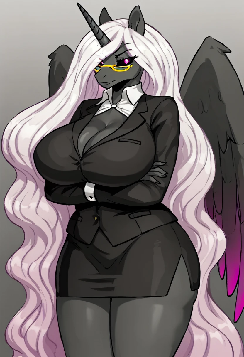 Alicorn princess, white mane,black sclera ,black body color long flowing mane pink eyes anthro thicc thighs huge breasts
hot for teacher yellow glasses, disappointed look, crossed arms ,mad ,black skirt suit