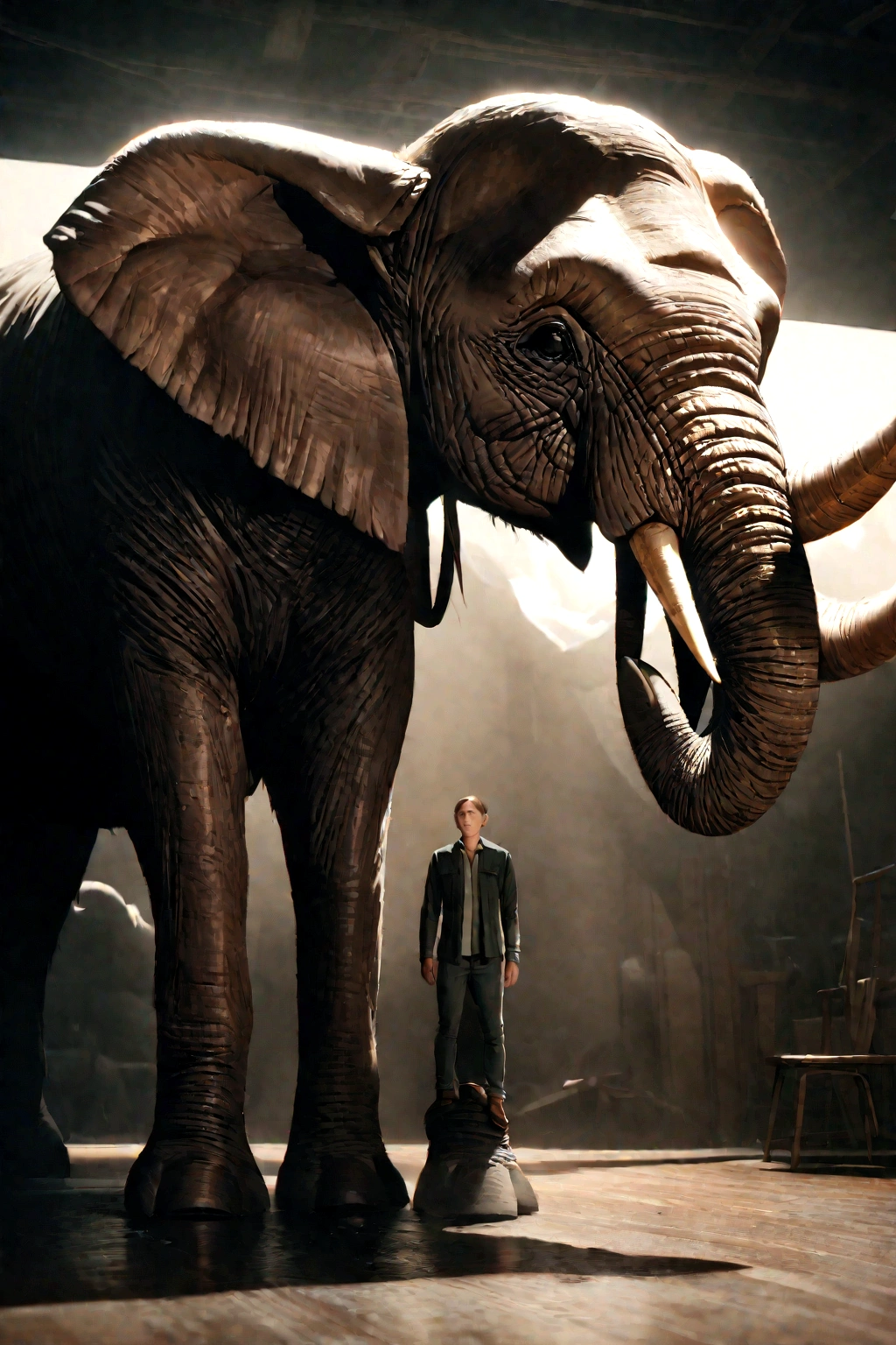there is a large elefant that is standing in front of a fire, por Adam Marczyński, focus on the elefant, by Mike Winkelmann, Portrait photo, vfx movie closeup, an elefant king, a photo of an elefant, best in stock from Adobe, elefant, Houdini visual effects, elefant in the room, CGI Special Effects, wojtek fus