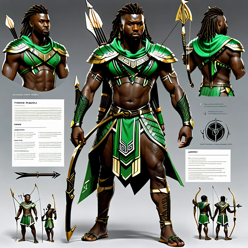 character reference sheet {Realistic character design sheet of a Black man with green tribal african warrior clothes holding a sword and bow and arrow, multiple views including front, side, back and 3/4, afrofuturism, ultra quality, higly detailed, african god of hunt