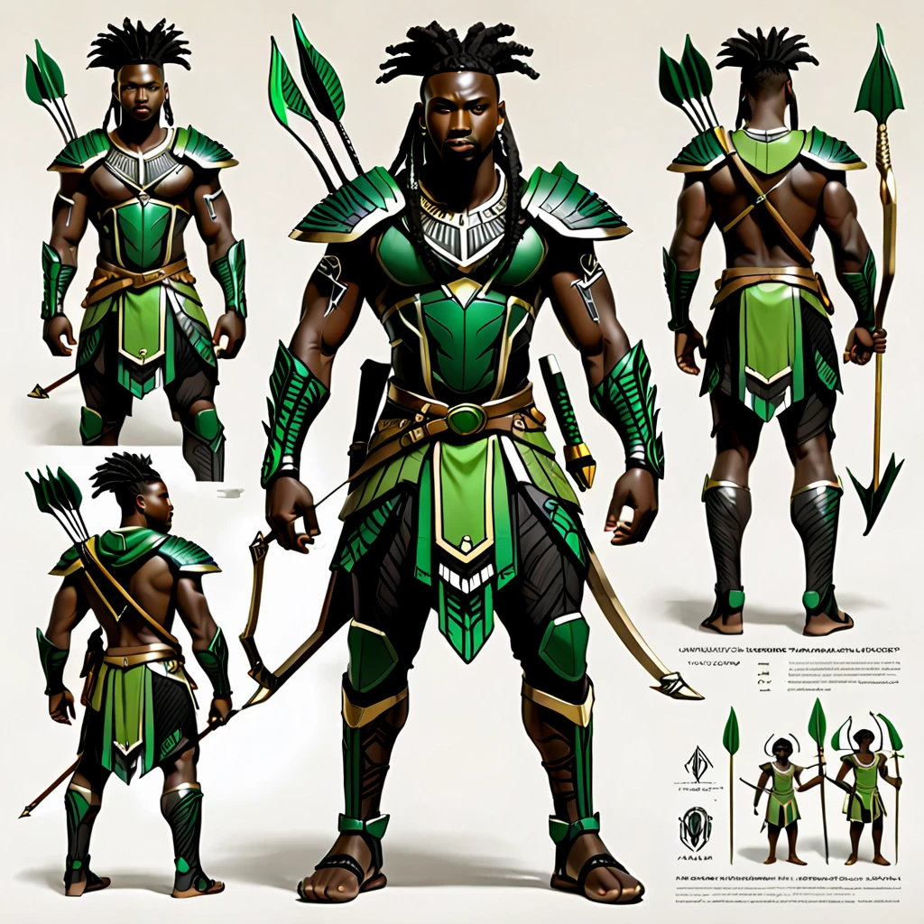 character reference sheet {Realistic character design sheet of a Black man with green tribal african warrior clothes holding a sword and bow and arrow, multiple views including front, side, back and 3/4, afrofuturism, ultra quality, higly detailed, african god of hunt