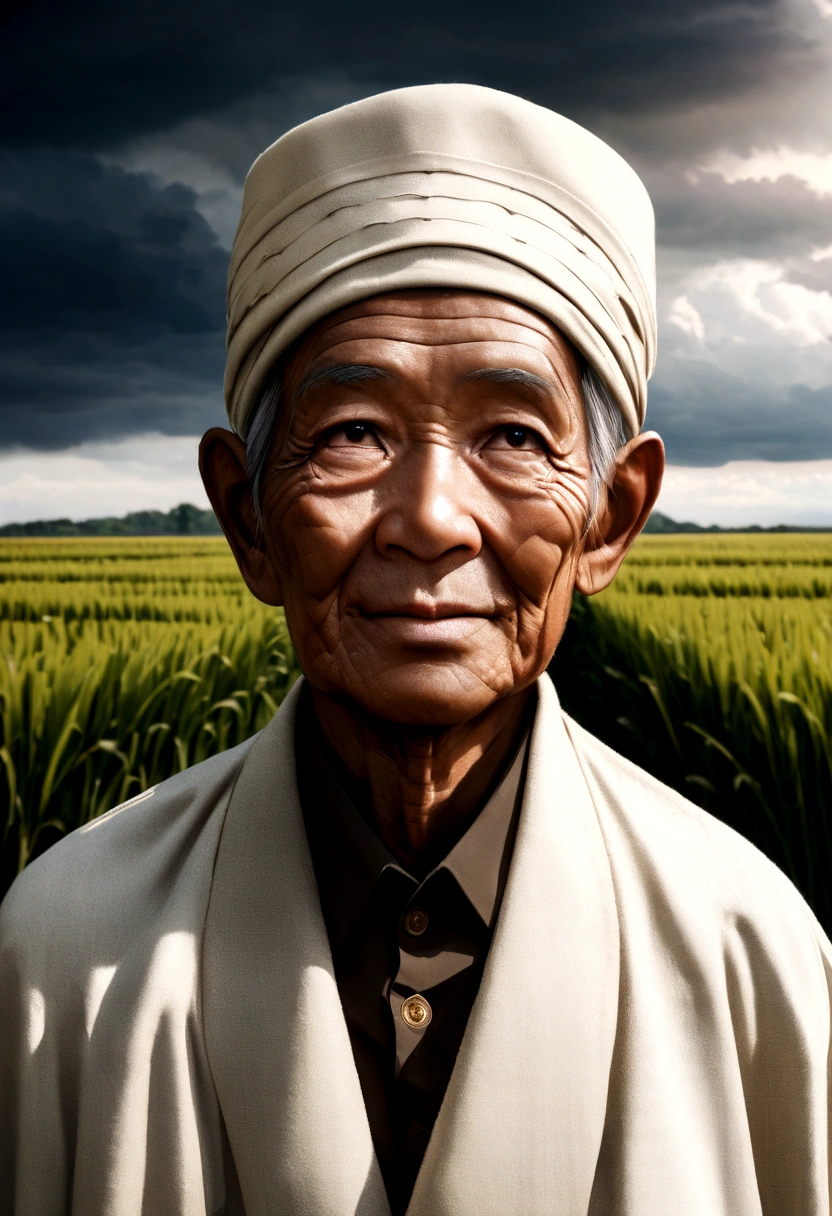Close-up photo, An old Indonesian man, 25 years old, standing in a rice field., In the form of highly detailed and realistic portrait photography., Earth tones, ambitious, Dinopunk, atmosphere clouds, Bold