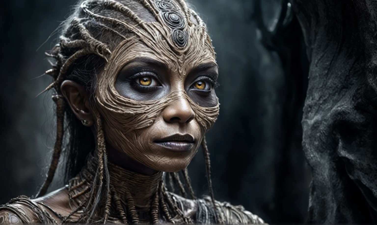 fullb body length shot,beggar niobium graphite mummy of Alien Entity,native africa slave,Caribbean with AI in brain, wants eat,medieval azctec city,Cinematic,soft colors, Technicolor,natural skin textures, hyper realism, hyper detailed,Extremely detailed,High contrast,Masterpiece,Realistic,Ultra Detailed, intricate details,realistic humid leather,extremly intricate,Epic Realistic, cinematic style, irina yermolova,high contrast,hdr,extremely detailed,masterpiece, intricate details, eyes extremely detailed, high detailed eyes,8k resolution,retina, Nikon Z9,Korea,orc,Li River in Guangxi Zhuang of Italia,transition between two art styles, Double contact, X-ray, Creative, vivid light, fantasy, Abstract, Surrealism, super detailed, high resolution, insanity wear,Her skin is pale, almost translucent, gothic elements, further emphasizing its dark air