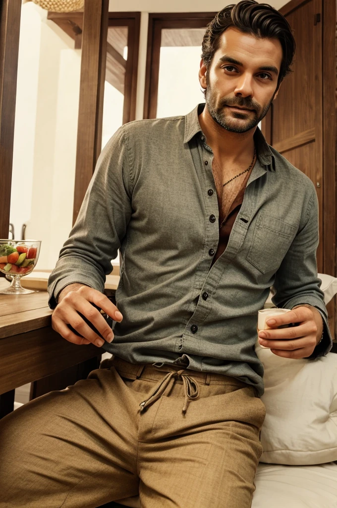 Homem encostado a uma janela, wearing a green sweater,standing near a window, with his hands on his hips wearing an old, torn white jockstrap ((cueca)), coxas grandes e expostas, undefined thighs, coxas peludas ((coxas))