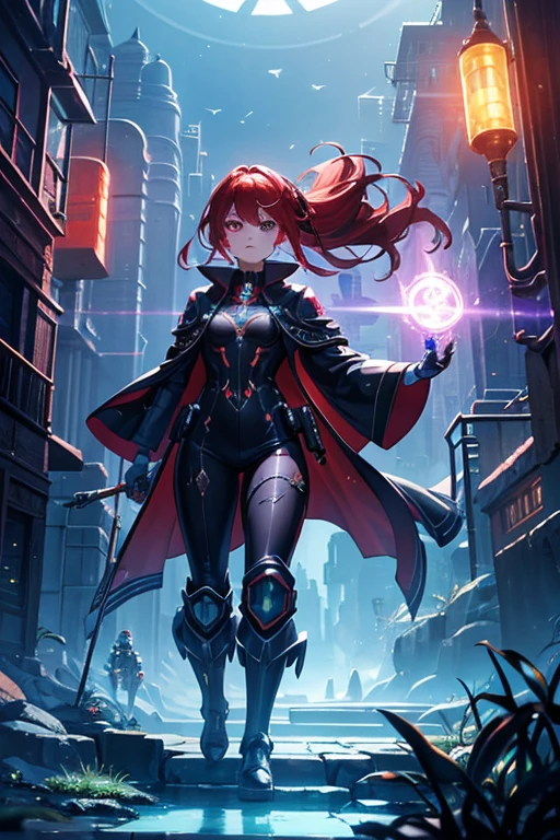Niji mode. Full body, elf wizard, secret agent, wearing a fine and elegant suit, holding a pistol with long barrel glowing magic carvings and long handle, technological boot with glowing magic circuits, ruby eyes, dark red hair, orange skin, glowing red tattoos, ruby piercings, looking at the viewer, detailed face. Atompunk, android, cyborg, mechanical parts with magic stones, magic glowing eyes, advanced technology mixed with magic, magic circuits, gears made of magic materials, developed by Technological Magic. Walking in the middle of a magical atompunk metropolis mixing technology and vegetation, particle effects, wide and deep scenery, with multiple planes of depth, cinematic and dynamic scene with a sense of movement, view of magical bright lights reflecting the scene, stylish pose, aura lights, glowing technological cables, epic atmosphere, magic tools, old anime style, Studio ghibli, metal hurlant, artbook, RPG fantasy.