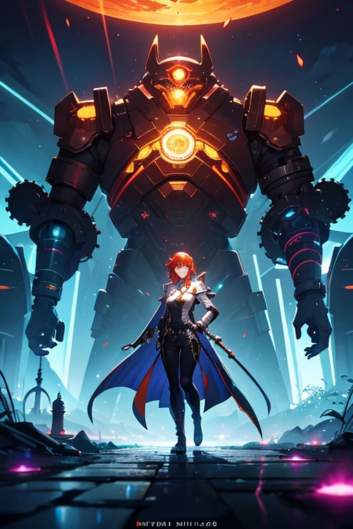 Niji mode. Full body, elf wizard, secret agent, wearing a fine and elegant suit, holding a pistol with long barrel glowing magic carvings and long handle, technological boot with glowing magic circuits, ruby eyes, dark red hair, orange skin, glowing red tattoos, ruby piercings, looking at the viewer, detailed face. Atompunk, android, cyborg, mechanical parts with magic stones, magic glowing eyes, advanced technology mixed with magic, magic circuits, gears made of magic materials, developed by Technological Magic. Walking in the middle of a magical atompunk metropolis mixing technology and vegetation, particle effects, wide and deep scenery, with multiple planes of depth, cinematic and dynamic scene with a sense of movement, view of magical bright lights reflecting the scene, stylish pose, aura lights, glowing technological cables, epic atmosphere, magic tools, old anime style, Studio ghibli, metal hurlant, artbook, RPG fantasy.