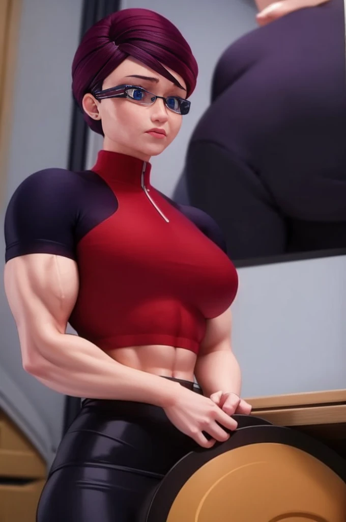 a muscular female bodybuilder in red bra inside office suit and her hair is dark blue, and a bit red from end to the left side of head, detailed face, beautiful detailed eyes, beautiful detailed lips, extremely detailed face and muscles, long eyelashes, strong muscles bulging through suit, dynamic pose, professional studio lighting, hyperrealistic, 8k, high quality, photorealistic, physically-based rendering, concept art, dramatic color palette,((abs)).