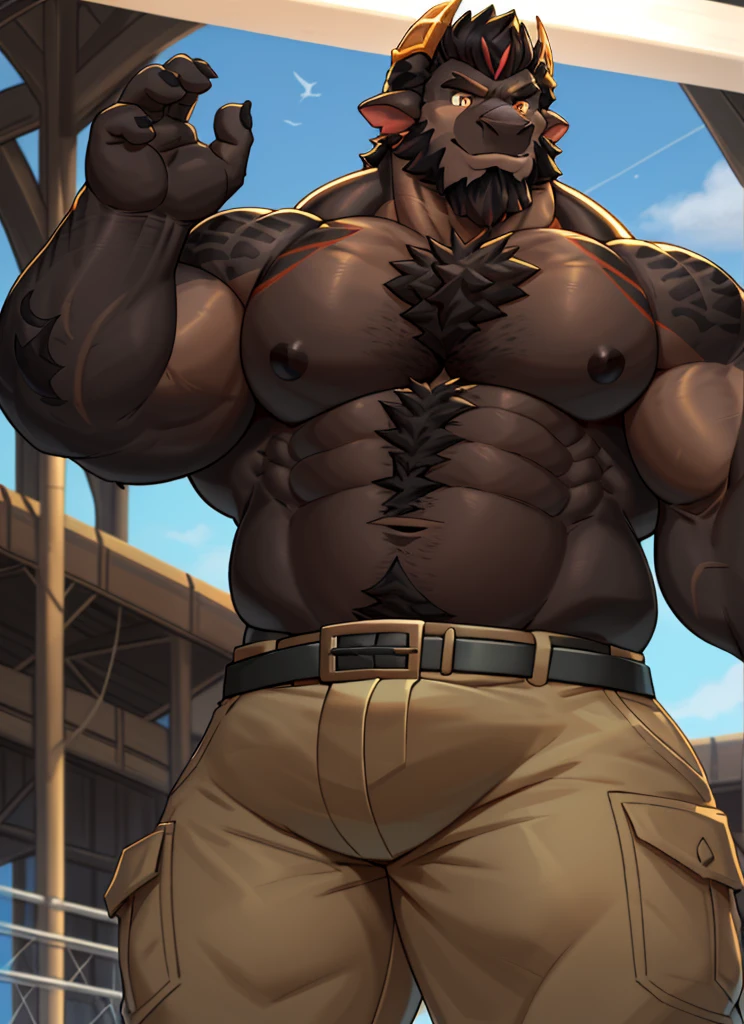  dark skin, Gray skin, Solitary, Looking at the audience, shirt, 1 boy, Male focus, belt, Pants, Chubby, Chubby, Set, Social Clothing，Huge crotch、Big Crotch、Amazing muscular slut（160%）、Crotch swelling、white crotch、nude、Light prairie、Happy Trail、belly button hair、chest hair、Body hair all over the body、White body hair、Strong Man， Solitary， Looking at the audience， summer,Muscle Man，((Bearded))，middle aged，quality，Golden Eyes，Raise your left hand，Rich colors，Very detailed，Refined style,,((Black Dragon)),Positive posture、Slightly fat，Nipple Rings、thick body