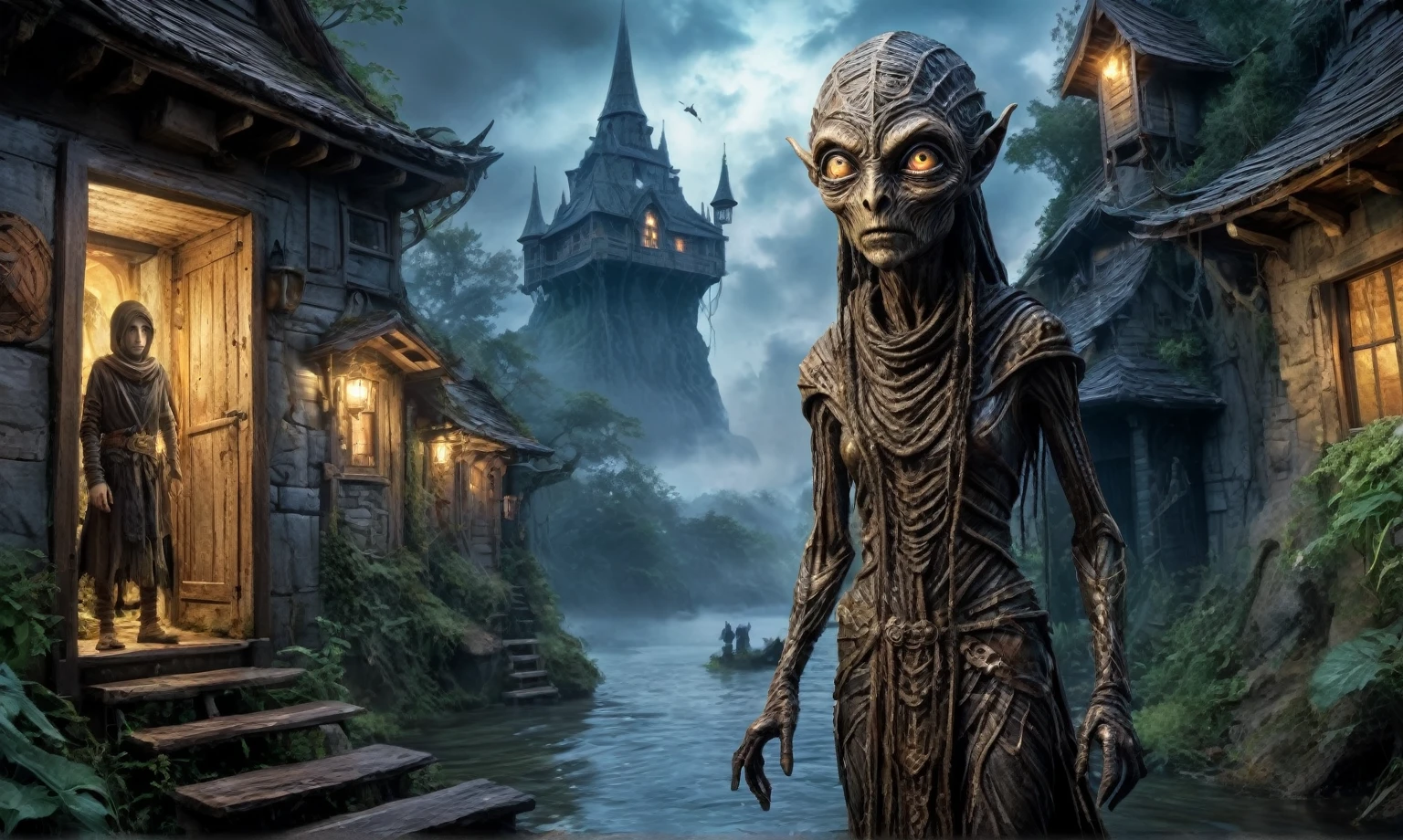full body length shot,very beggar niobium mummy of Alien Entity,native britain half Puck, wants eat,survival,fairyland, Medieval castle ,Cinematic,soft colors, Technicolor,natural skin textures, hyper realism, hyper detailed,Extremely detailed,High contrast,Masterpiece,Realistic,Ultra Detailed, intricate details,realistic humid leather,extremly intricate,Epic Realistic, cinematic style, irina yermolova,high contrast,hdr,extremely detailed, deep night landscape,masterpiece, intricate details, eyes extremely detailed, high detailed eyes,8k resolution,retina, Nikon Z9,Norsemade,Li River ,perfect, Elf,transition between two art styles, Double contact, X-ray, Creative, vivid light, fantasy Abstract, Surrealism, super detailed, high resolution, traps against fairies between houses in air,insanity wear