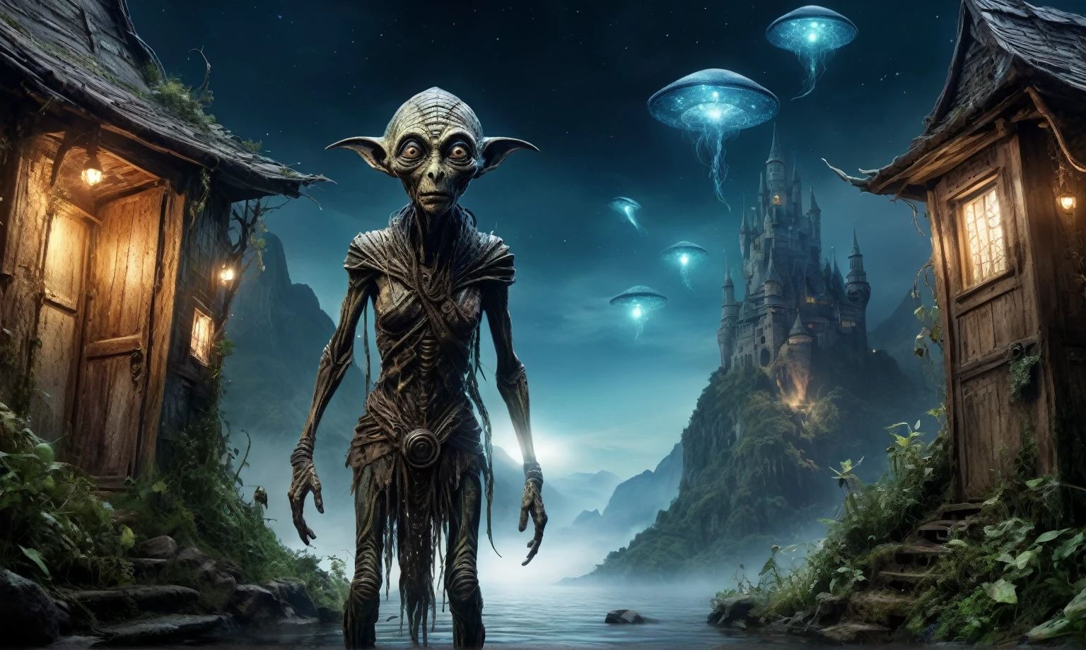 full body length shot,very beggar niobium mummy of Alien Entity,native britain half Puck, wants eat,survival,fairyland, Medieval castle ,Cinematic,soft colors, Technicolor,natural skin textures, hyper realism, hyper detailed,Extremely detailed,High contrast,Masterpiece,Realistic,Ultra Detailed, intricate details,realistic humid leather,extremly intricate,Epic Realistic, cinematic style, irina yermolova,high contrast,hdr,extremely detailed, deep night landscape,masterpiece, intricate details, eyes extremely detailed, high detailed eyes,8k resolution,retina, Nikon Z9,Norsemade,Li River ,perfect, Elf,transition between two art styles, Double contact, X-ray, Creative, vivid light, fantasy Abstract, Surrealism, super detailed, high resolution, traps against fairies between houses in air,insanity wear