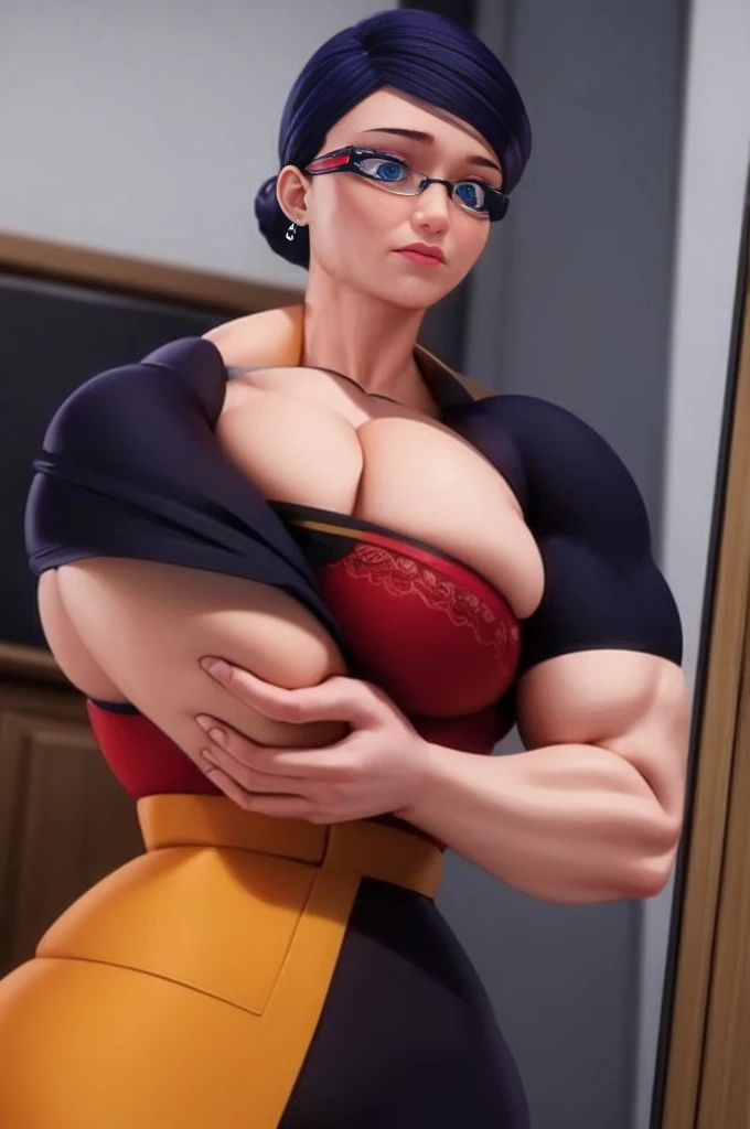 a muscular female bodybuilder in red bra inside office suit and her hair is dark blue, and a bit red from end to the left side of head, detailed face, beautiful detailed eyes, beautiful detailed lips, extremely detailed face and muscles, long eyelashes, strong muscles bulging through suit, dynamic pose, professional studio lighting, hyperrealistic, 8k, high quality, photorealistic, physically-based rendering, concept art, dramatic color palette,((abs)).