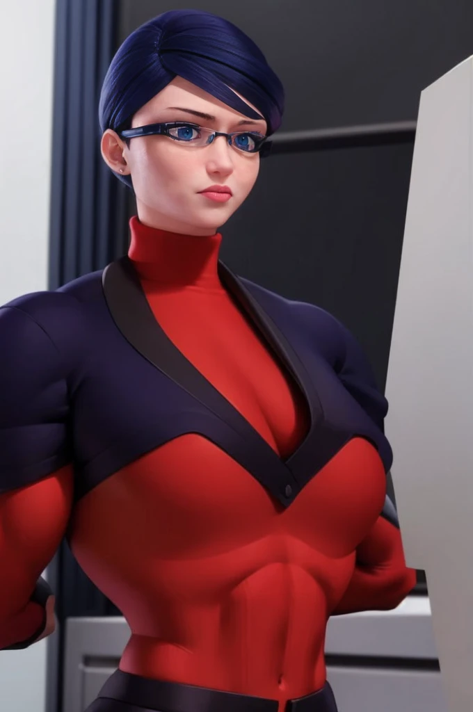 a muscular female bodybuilder in red bra inside office suit and her hair is dark blue, and a bit red from end to the left side of head, detailed face, beautiful detailed eyes, beautiful detailed lips, extremely detailed face and muscles, long eyelashes, strong muscles bulging through suit, dynamic pose, professional studio lighting, hyperrealistic, 8k, high quality, photorealistic, physically-based rendering, concept art, dramatic color palette,((abs)).