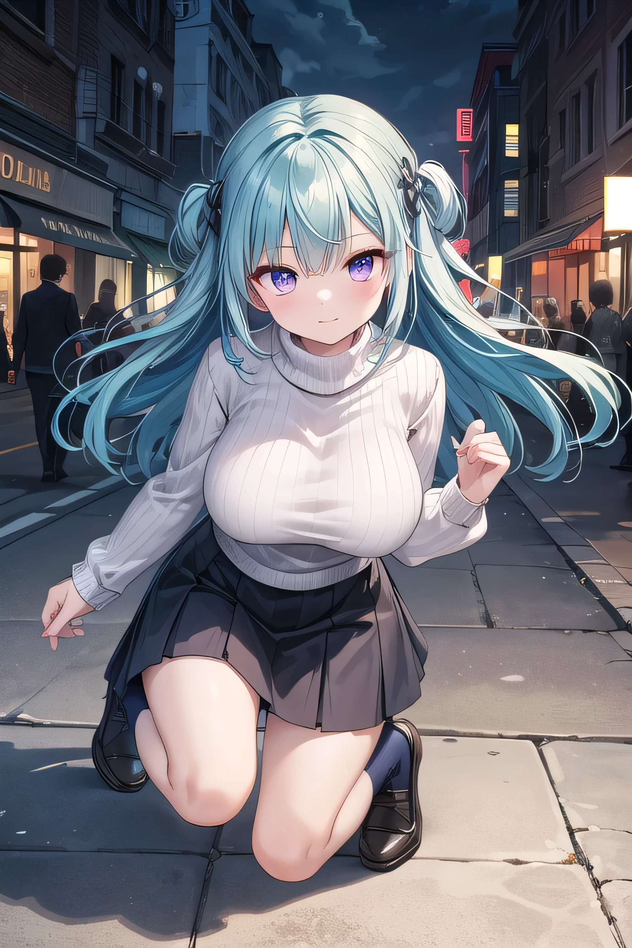 full body, masterpiece, 8k, ultra HD, sharp focus, details hair, beautiful hair, details face, beautiful detail eye, details pupil, perfect hand, vibrant colours, soft lighting.
1girl, long hair, hair accessory, style hair, ( green -blue hair), light purple eyes, giant breast, open sweater, elegant, beautiful sweater, exclusive skirt, socks
night scene, outdoor, bolt lamp, red carpet, evening, birds, clouds .