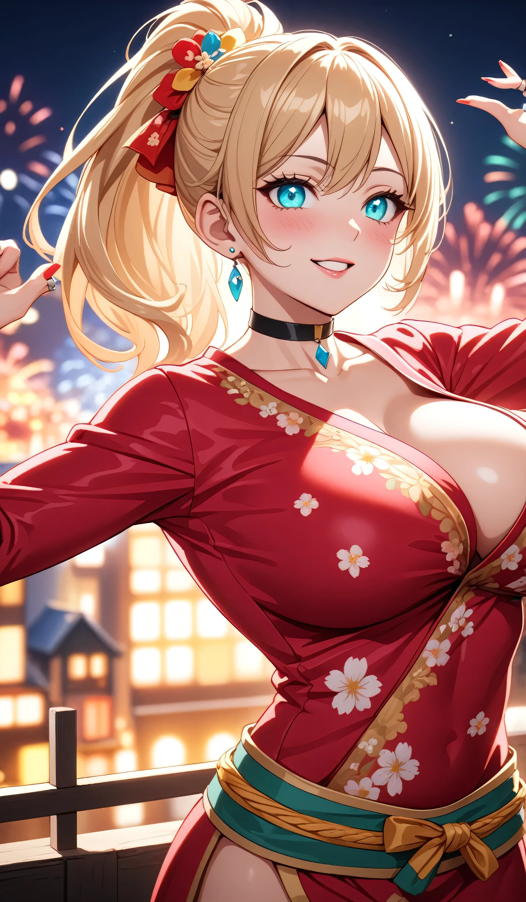((one personの女性)), Beautiful Face, ((acrobatic pose:2.0)),Laughing embarrassedly,((wink:1.7)),Laugh with your mouth wide open((Bright red cheeks:1.4)),Glossy pink lips,night,rooftop,Festive decorations,You can see the ocean, firework,Laughing with your mouth open,Glossy pink lips,Lighting on the face,((Anime style background)),masterpiece, Highest quality, so beautiful,Latest, complex details, (Pink long nails),(ring),(bracelet),(choker),AI-generated, complex,High resolution, Highest quality, super high quality,3D Images、3D Images,one person,Long blonde hair,High Ponytail,((Turquoise Eyes)),Anime woman posing for a photo, ((Fine grain、Colorful Eyes、Shining Eyes:1.3)),(Squint your eyes:1.1),a hyperRealistic , hyperRealistic , Realistic,Anime woman with long and white hair, Smooth anime CG art, A woman in a colorful kimono with gold embroidery, (Pink long sleeve kimono),Red floral pattern,Long flower hair ornament,big floral earrings,Mature Body,(Big Breasts:1.1),Tall,Abdominal muscles,Narrow waist,(Zoom in on face:1.6),Shooting from below at an angle