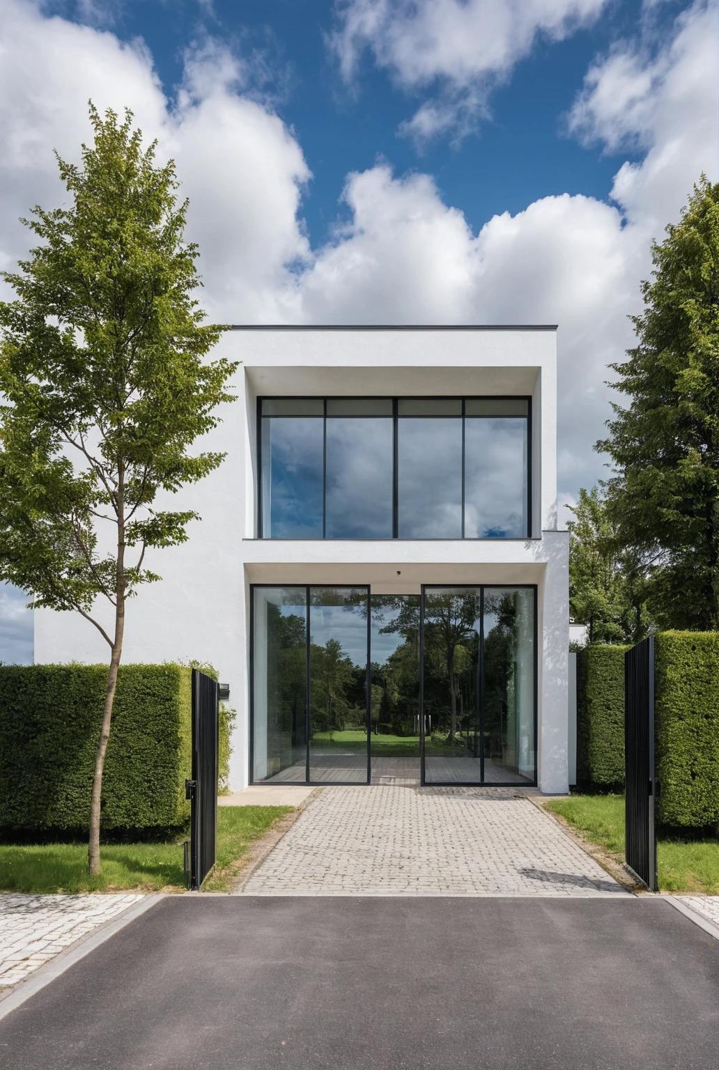 Raw photo,Masterpiece, high quality, best quality, authentic, super detail,
outdoors, house style modern,bietthuhn, white wall, glass windows, gate
road,pavement, grass, trees, sky, cloud, (day:1.1),