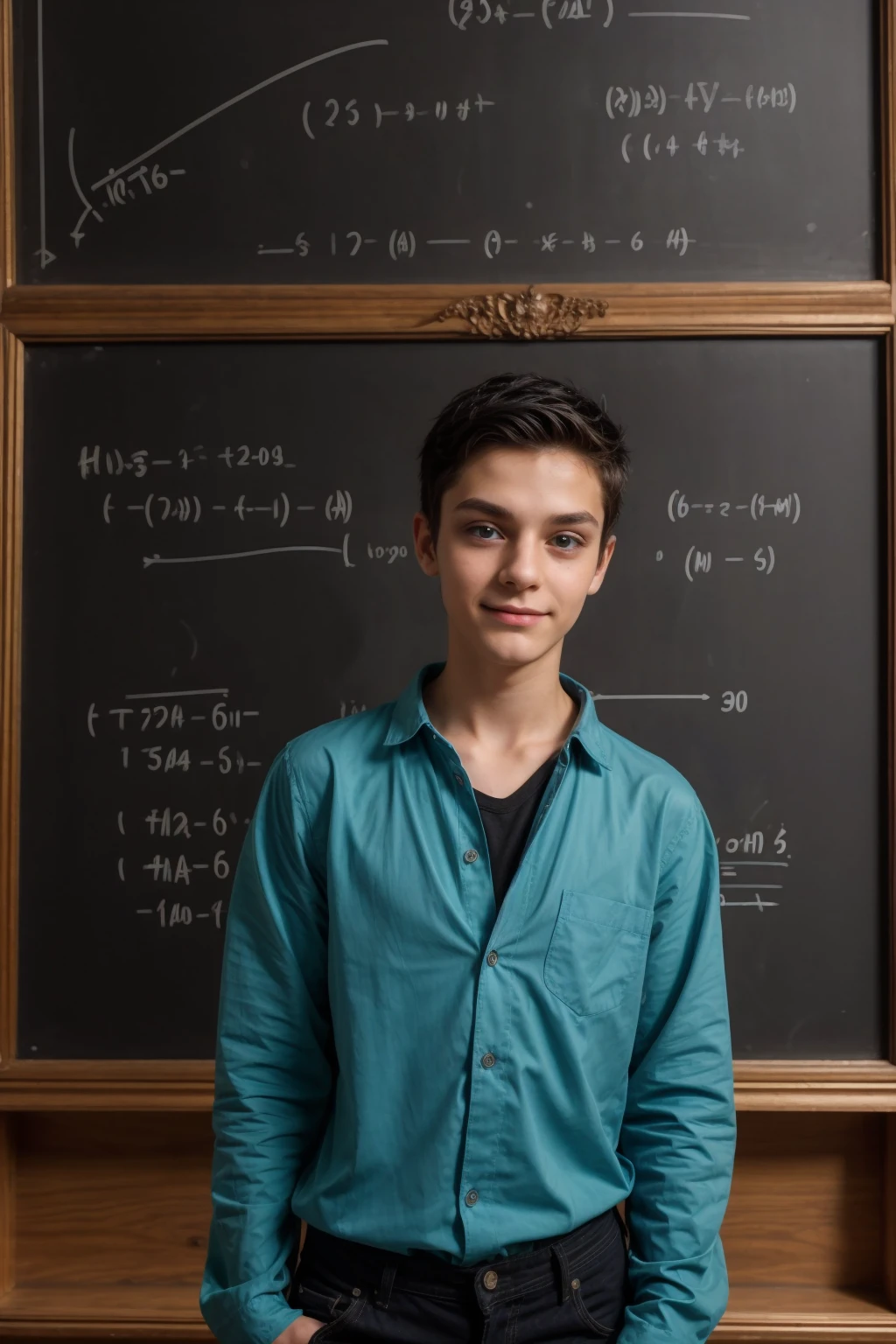 A beautiful young man, a cute male twink, with black hair, wearing a brown long-sleeved shirt and aqua blue pants, and he is in his medical scientific office, and behind him is a blackboard with calculus and mathematical equations written on it, and he looks on proudly.