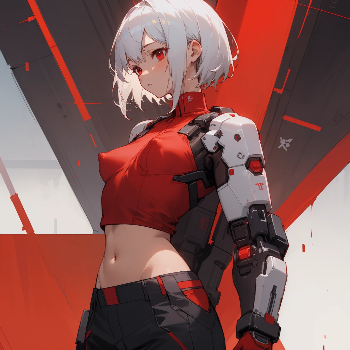 ((Highest quality)), ((masterpiece)), (Become familiar with), 1 girl, alone, Silver Hair,Brown Skin,Red eyes,Long trousers,Red sleeveless,((Red Shirt)),Clothes with a visible back, thin,thin,short hair,Small breasts, Erect nipples, gloves, cyber punk,sf