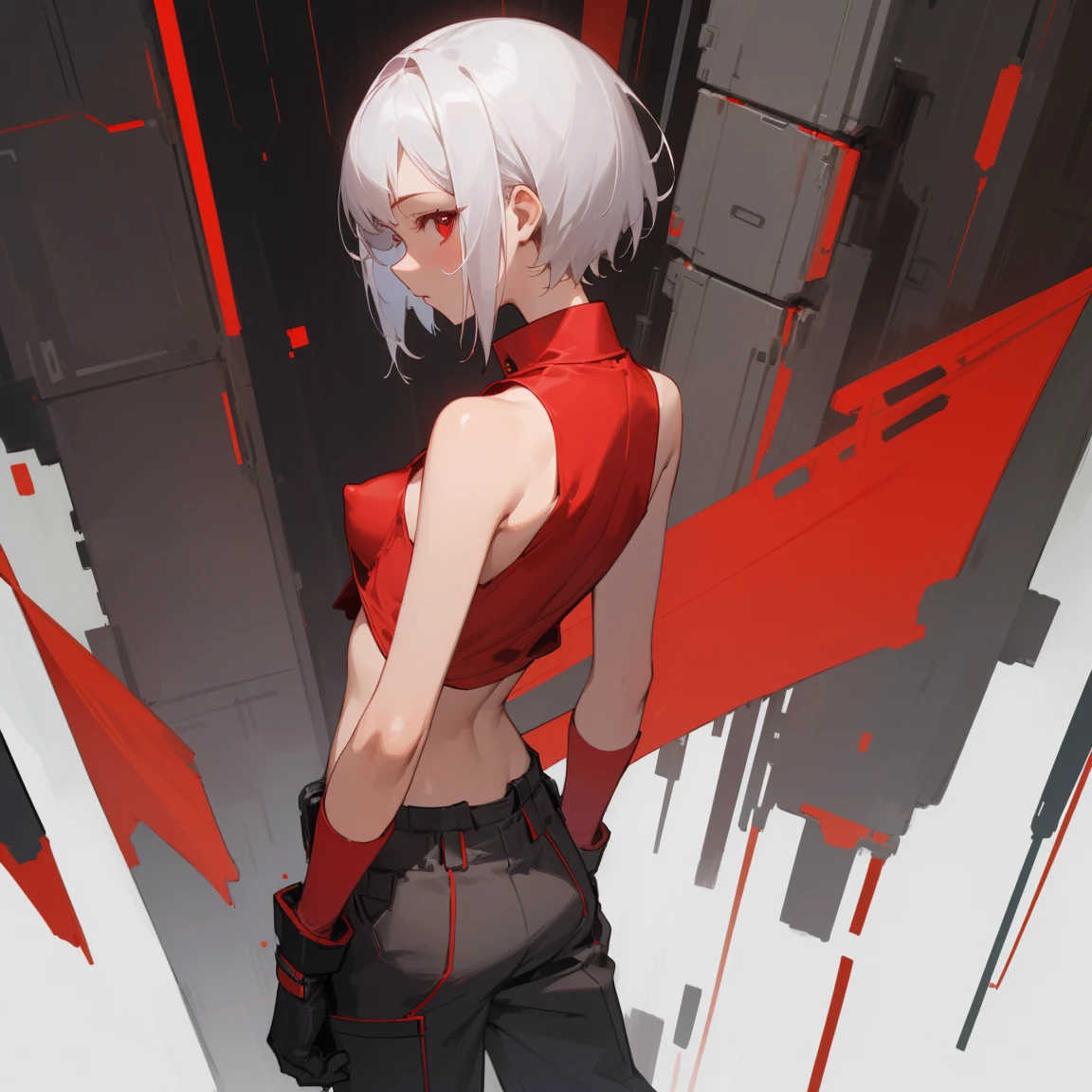 ((Highest quality)), ((masterpiece)), (Become familiar with), 1 girl, alone, Silver Hair,Brown Skin,Red eyes,Long trousers,Red sleeveless,((Red Shirt)),Clothes with a visible back, thin,thin,short hair,Small breasts, Erect nipples, gloves, cyber punk,sf