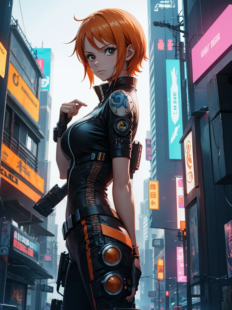 Nami from one-piece, 1women, wearing a futuristic outfit, cyberpunk outfit, at a future city, cyberpunk look, orange colour short hair, 8k, high detailed, high quality
