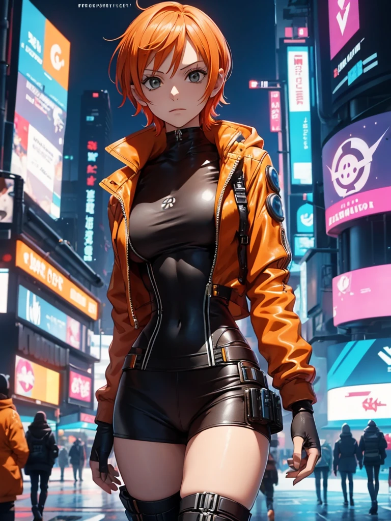 Nami from one-piece, 1women, wearing a futuristic outfit, cyberpunk outfit, at a future city, cyberpunk look, orange colour short hair, 8k, high detailed, high quality
