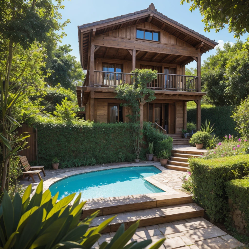 Photographie surréaliste vue d'en haut, villa tropicale à 2 étages, murs peints avec effet enduit olive jaune, toit en tuiles, colonnes en bois, portes en bois, auvent voûté. Jardin verdoyant et luxuriant