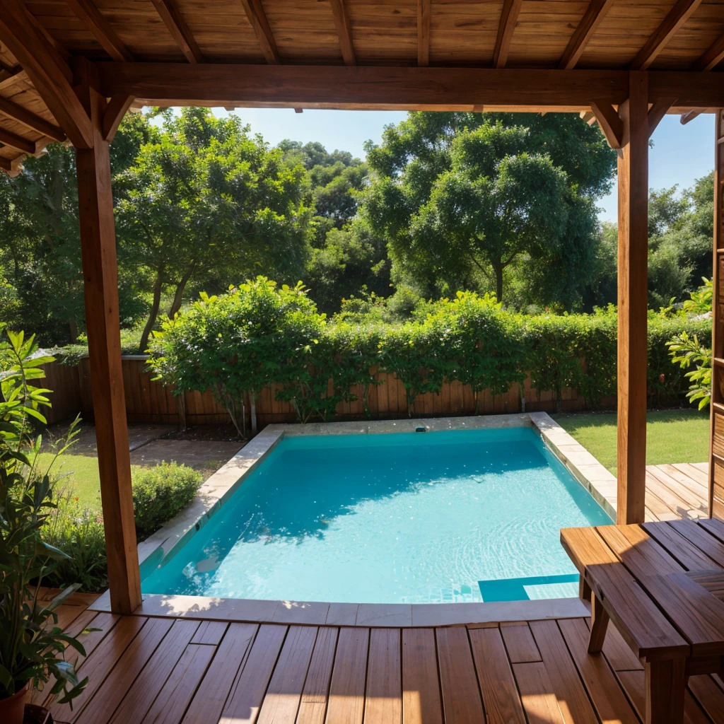 Photographie surréaliste vue d'en haut, villa tropicale à 2 étages, murs peints avec effet enduit olive jaune, toit en tuiles, colonnes en bois, portes en bois, auvent voûté. Jardin verdoyant et luxuriant