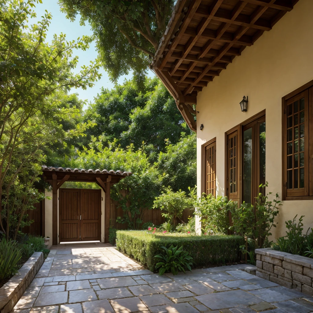Photographie surréaliste vue d'en haut, villa tropicale à 2 étages, murs peints avec effet enduit olive jaune, toit en tuiles, colonnes en bois, portes en bois, auvent voûté. Jardin verdoyant et luxuriant